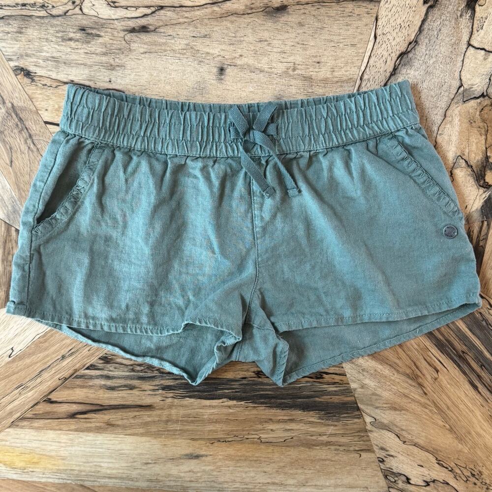 Roxy Girl Olive Green Linen Drawstring Shorts Size 12 Large Beach Coastal